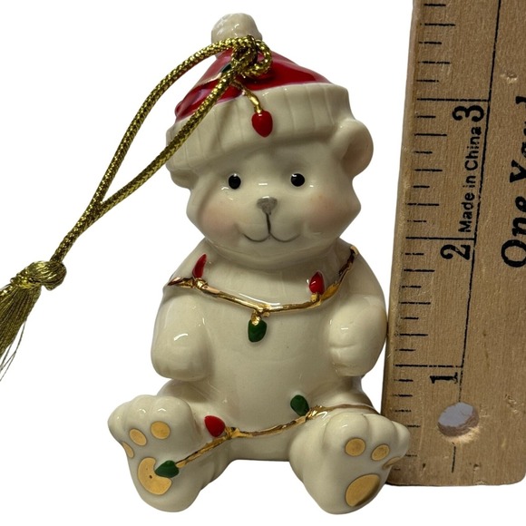 Lenox Tangled in Christmas lights Teddy Bear Red Hat Porcelain Ornament 3.5"H - Picture 7 of 12